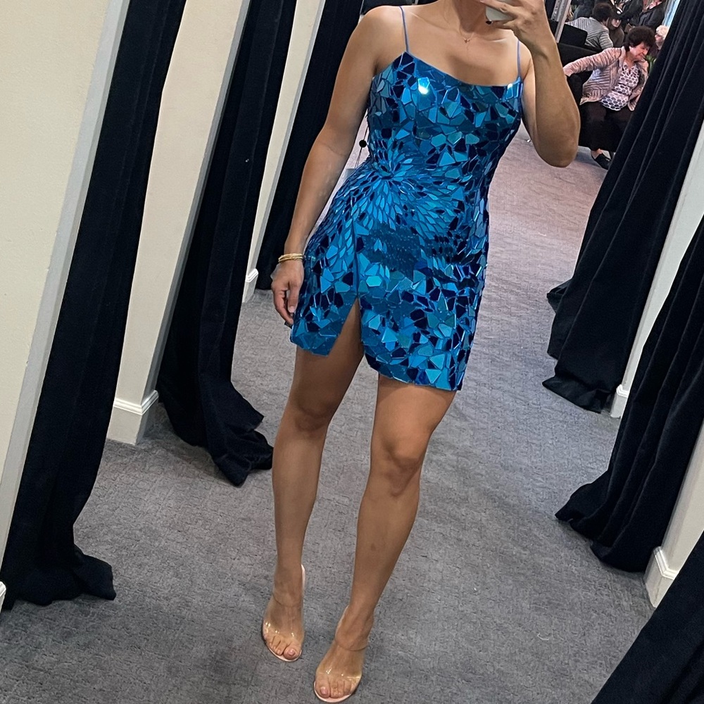 Gorgeous Sherri Hill blue one shoulder dress with glass mirror - 54828